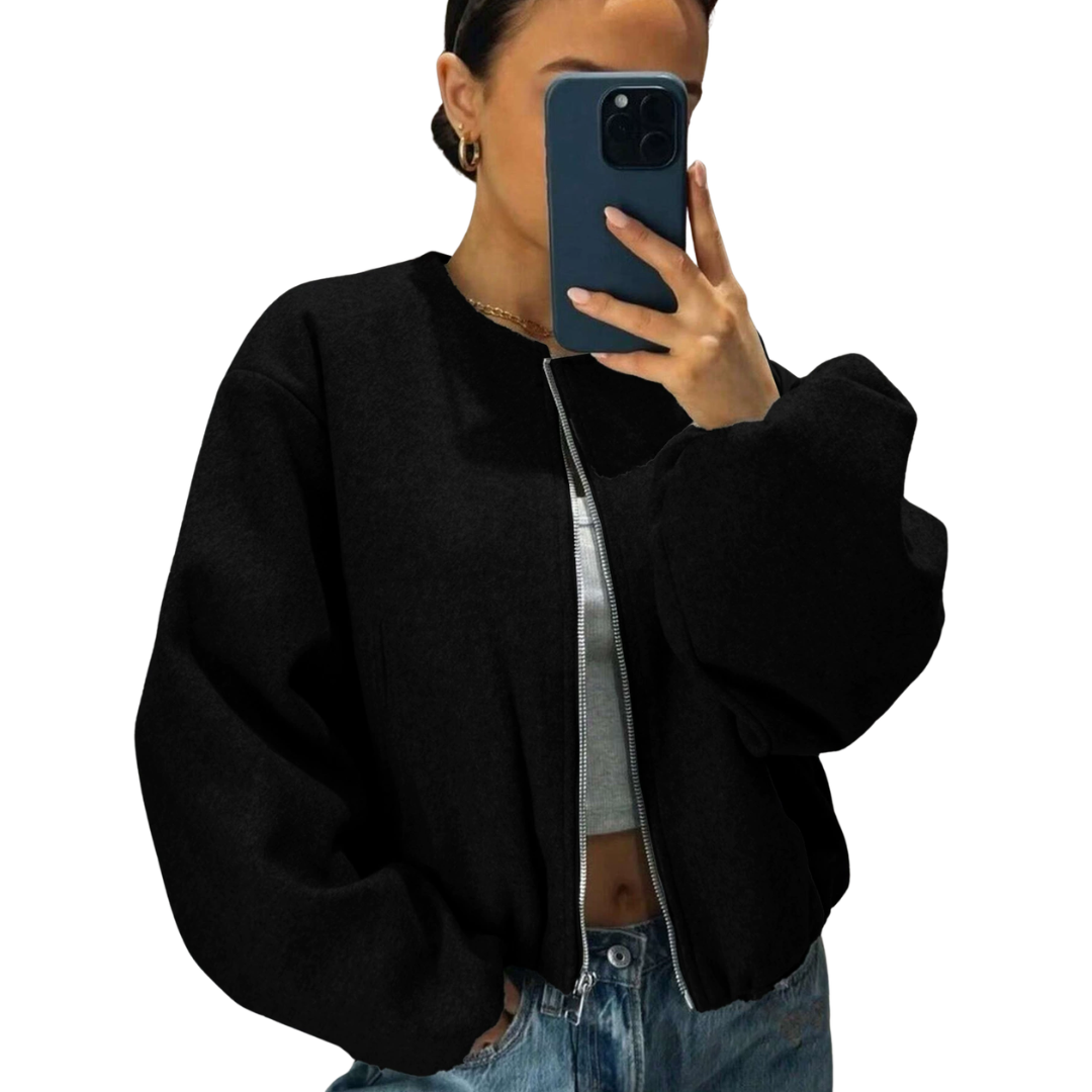 Round Neck Zip Front Drop Shoulder Cropped Bomber Jacket