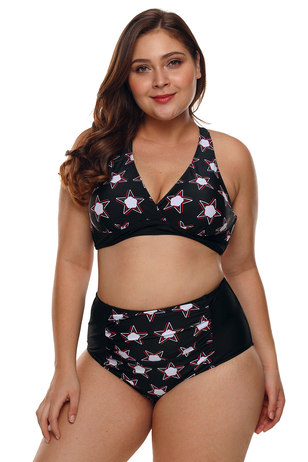 Black 2pcs Starry Plus Size High Waisted Bathing Suit