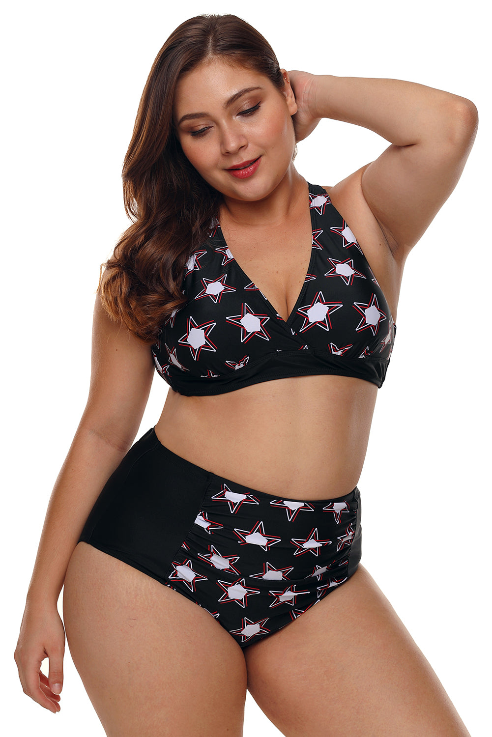 Black 2pcs Starry Plus Size High Waisted Bathing Suit