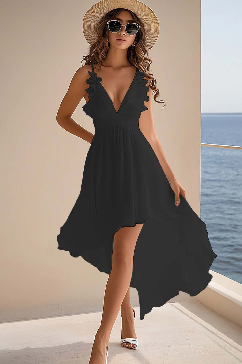 White Chiffon A Line Boho High Low Graduation Dress with Ruffles