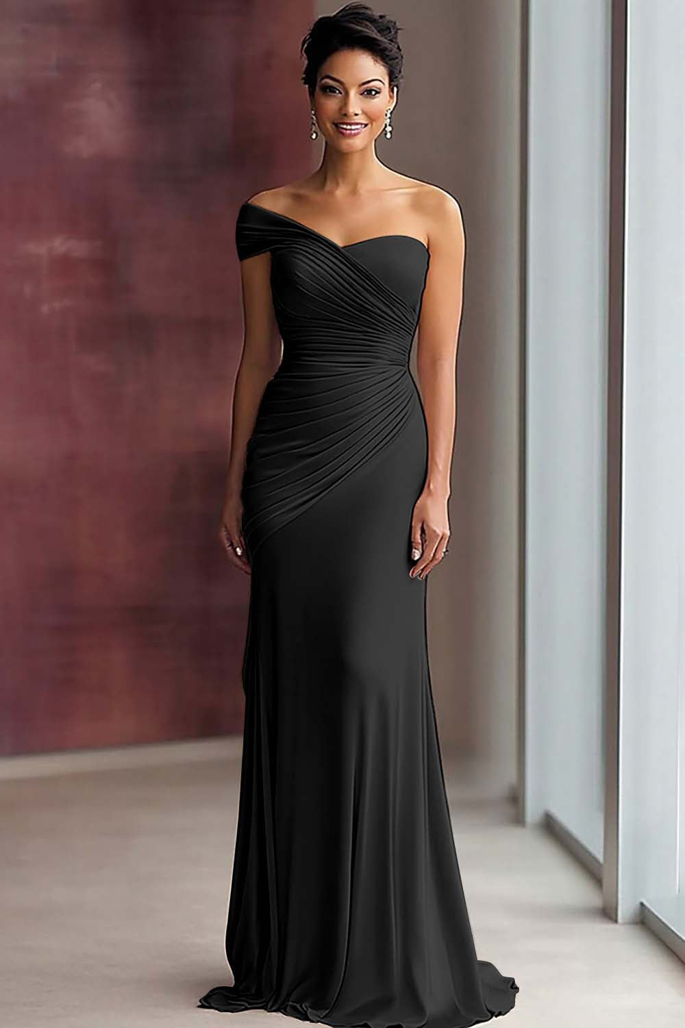 Light Khaki Jersey One Shoulder Sheath Long Pleated Gala Dress