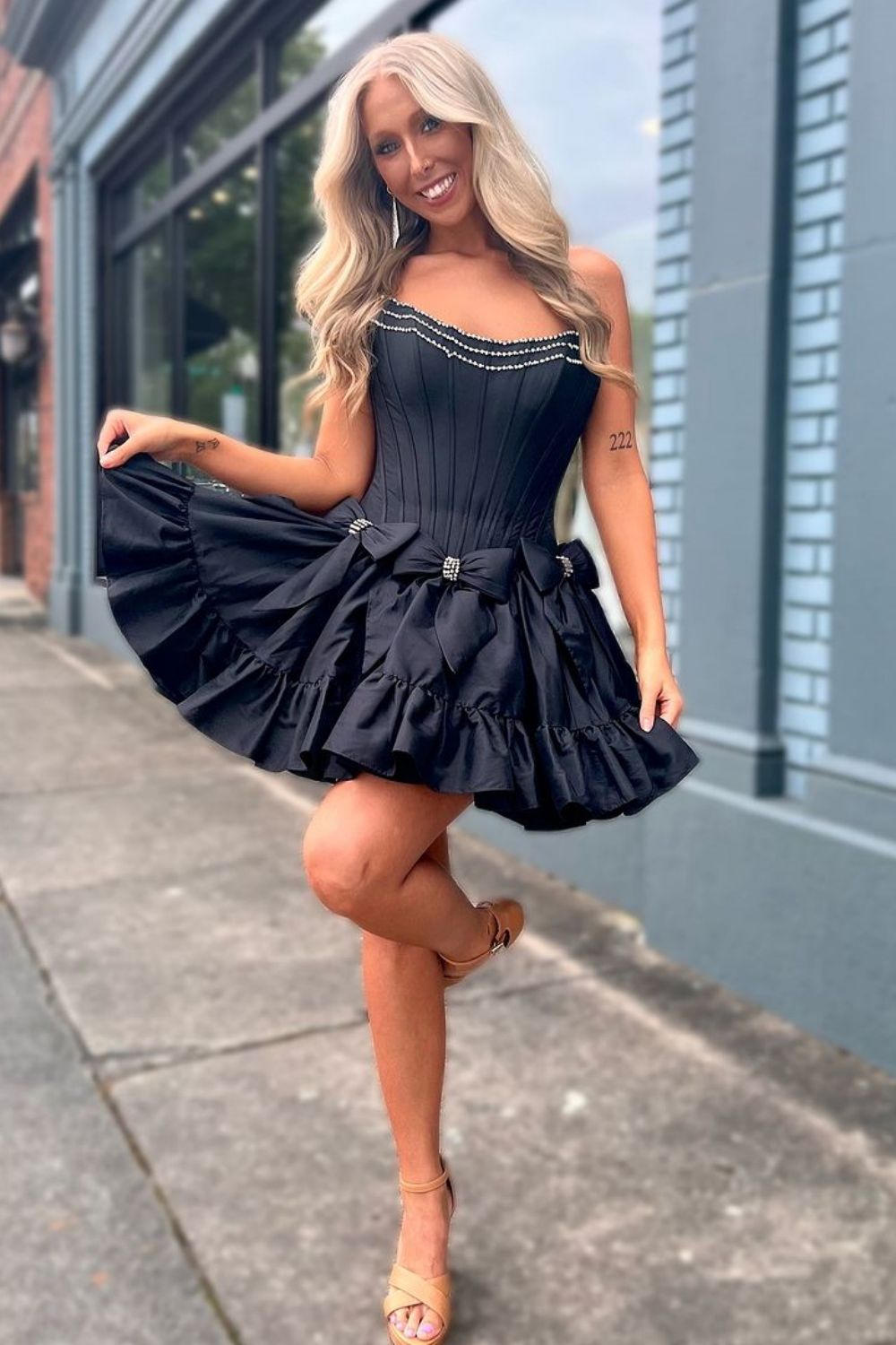 Black A-Line Strapless Short Satin Homecoming Dress With Bowknot - Fashionpara