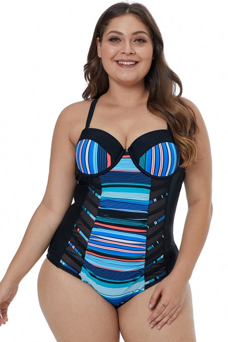 Black Blue Striped Block Patchwork Plus Size One Piece Piece Swimsuit