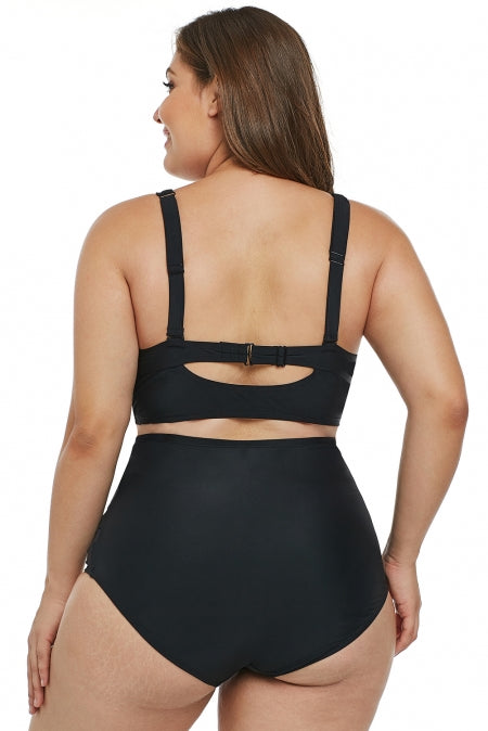 Black Caged Push-Up Balconette Plus Size High Waist Bikini Set