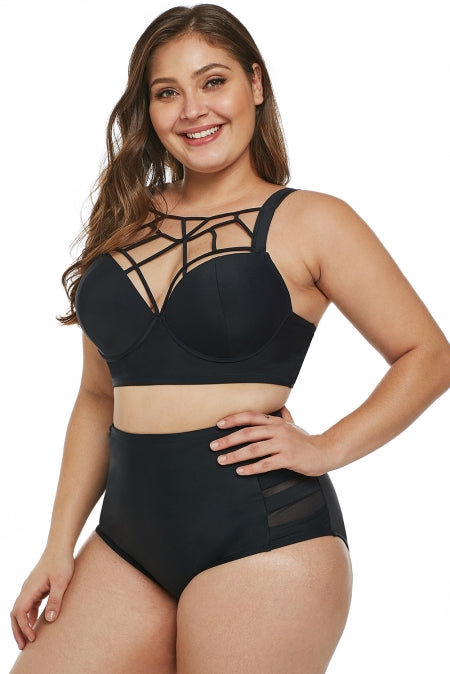 Black Caged Push-Up Balconette Plus Size High Waist Bikini Set