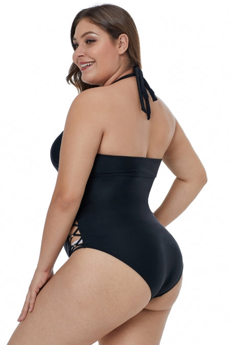 Black Crisscross Hollow-out Side Plus Size One Piece Swimwear