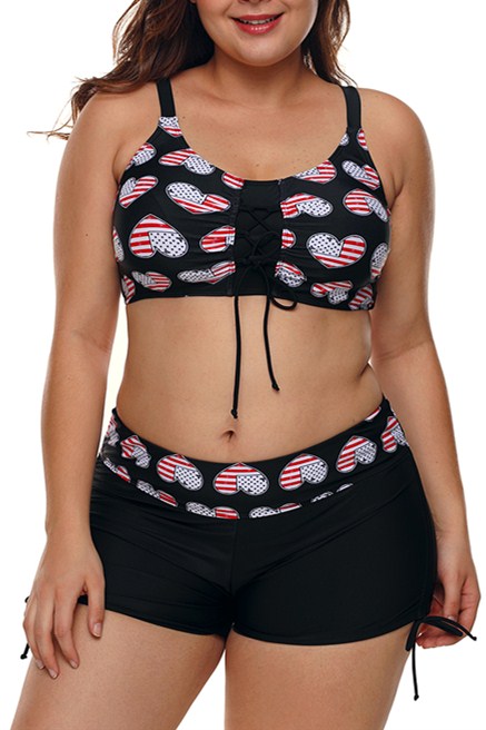 Black Heart American Flag Plus Size Two Piece Swimsuit