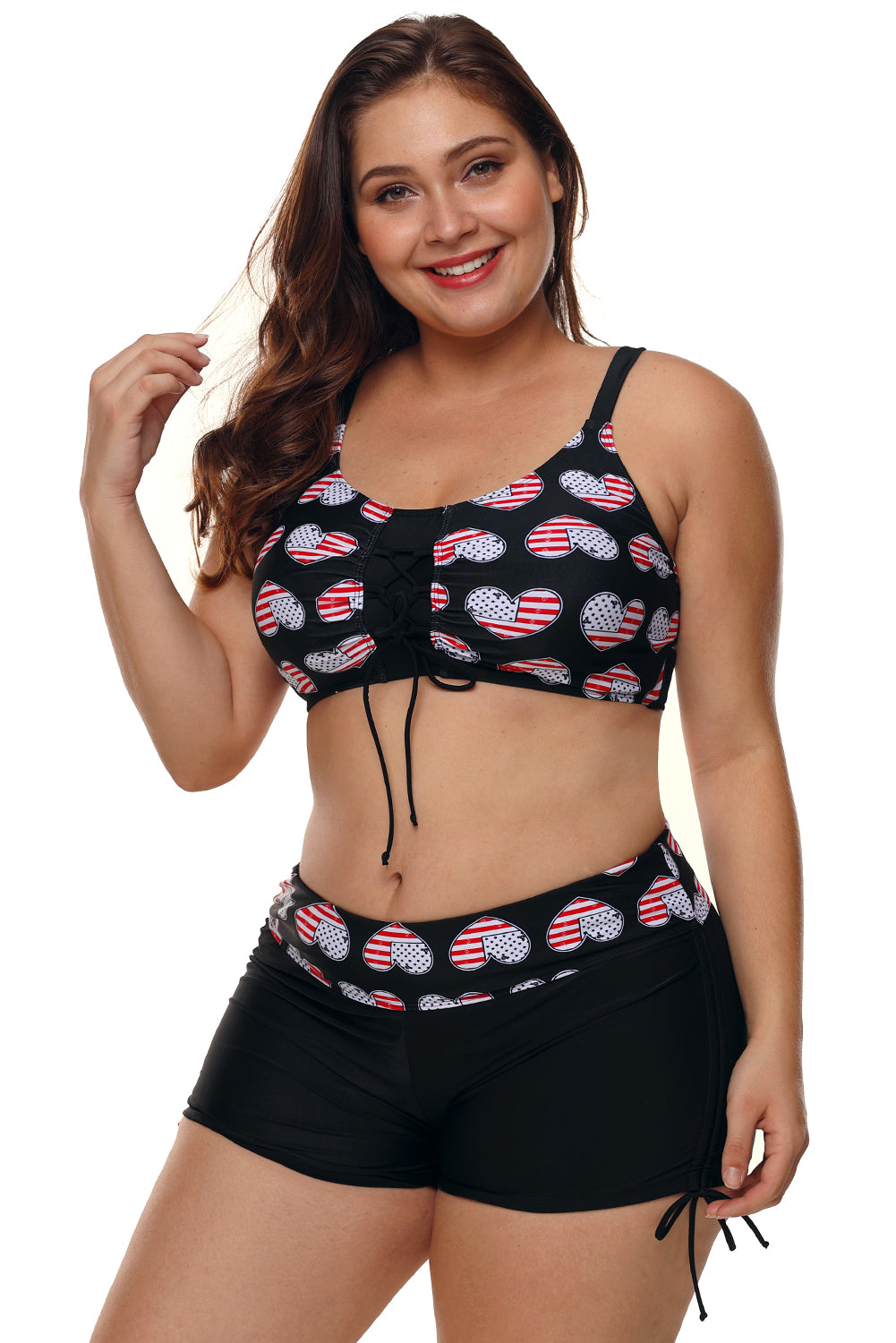 Black Heart American Flag Plus Size Two Piece Swimsuit