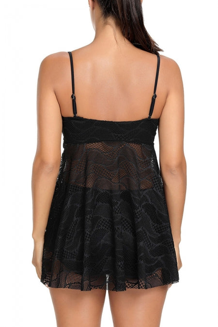 Black Mesh Cutout Strappy Tankini Set