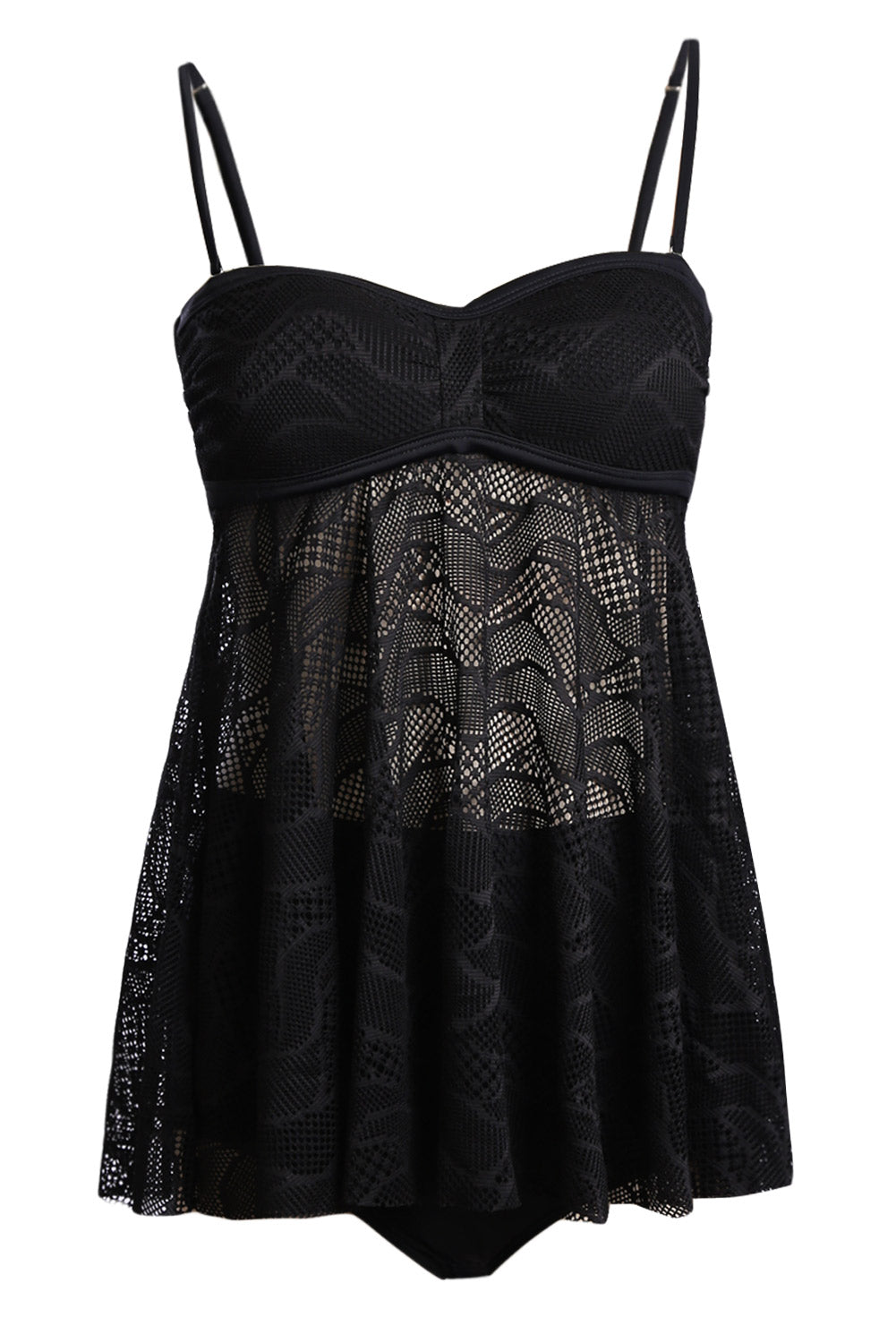 Black Mesh Cutout Strappy Tankini Set