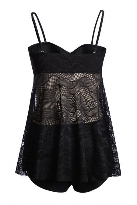 Black Mesh Cutout Strappy Tankini Set