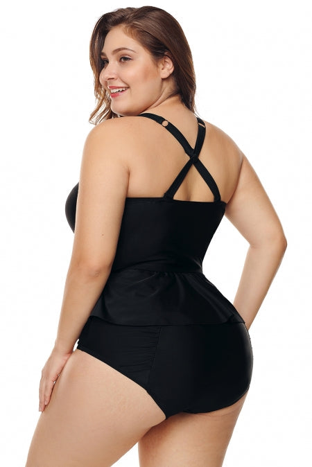 Black Moulded Cups Peplum High Waist Plus Size Bikini Set