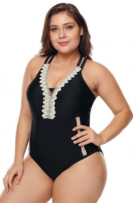 Black Plus Size V Neck Cutout One Piece Swimsuit