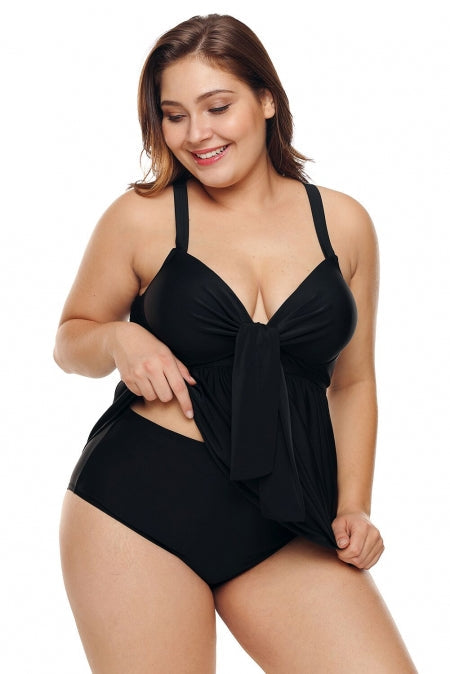 Black Spaghetti Strap Plus Size Swimdress with Panty