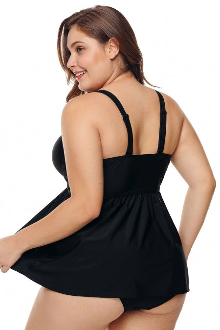 Black Spaghetti Strap Plus Size Swimdress with Panty