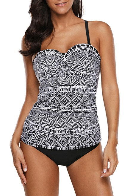 Black White Geometric Pattern Strappy Back 2pcs Tankini Swimsuits