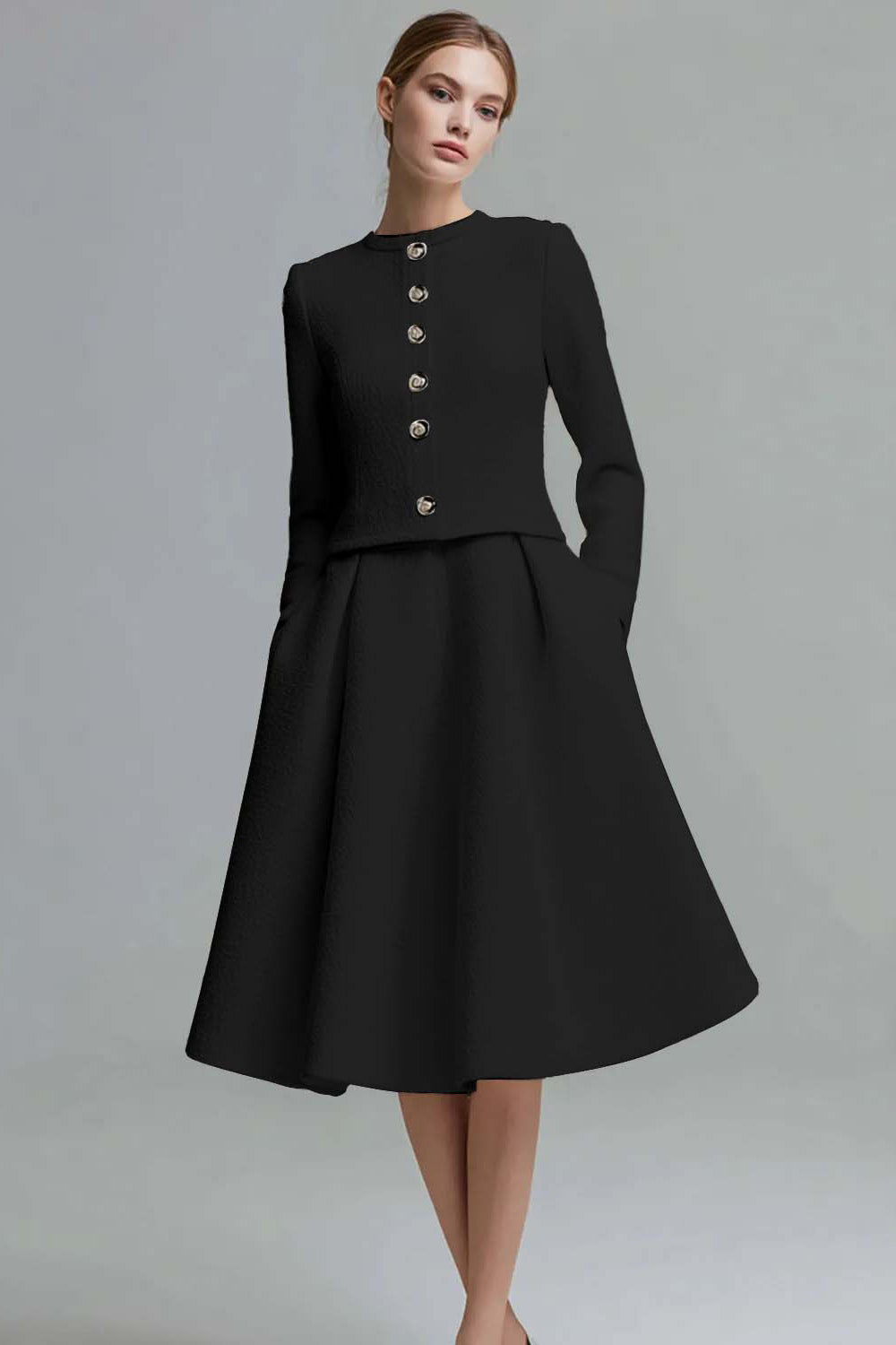 Ivory Tweed 2 Piece Midi Homecoming Outfits with Pockets