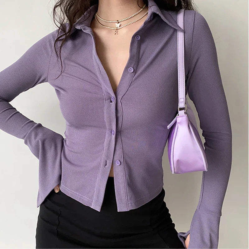 Polo Lapel Flared Sleeve Blouse