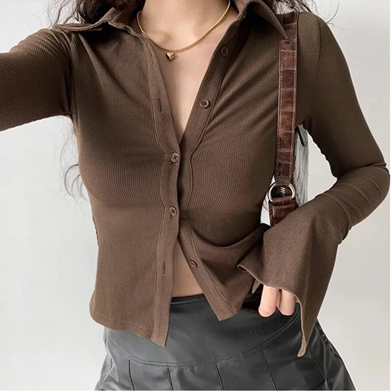 Polo Lapel Flared Sleeve Blouse