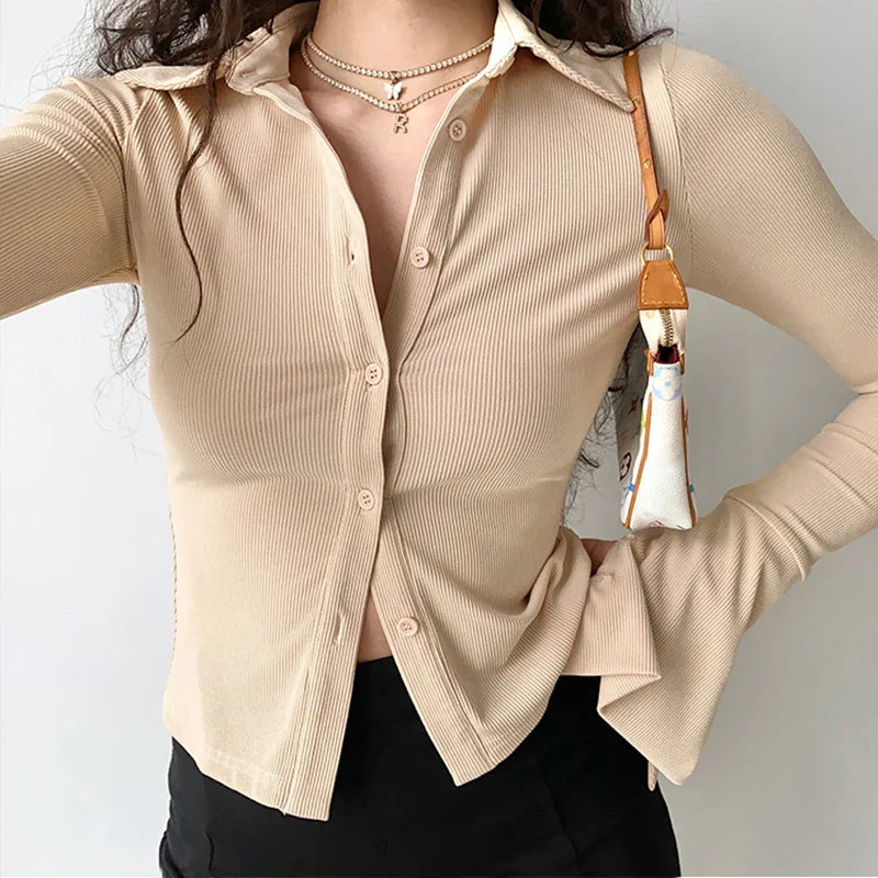 Polo Lapel Flared Sleeve Blouse