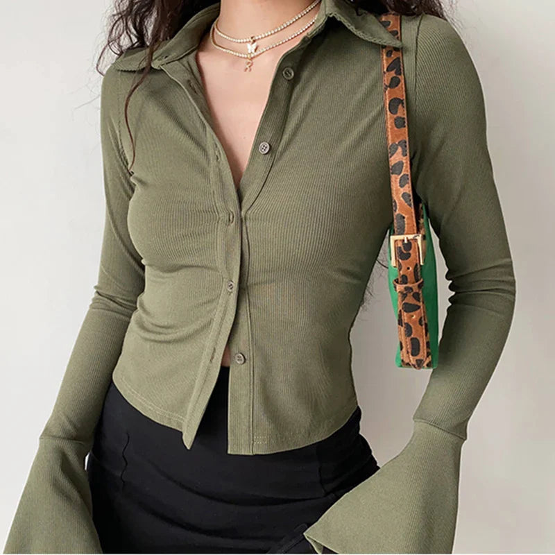 Polo Lapel Flared Sleeve Blouse