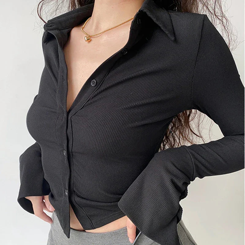Polo Lapel Flared Sleeve Blouse
