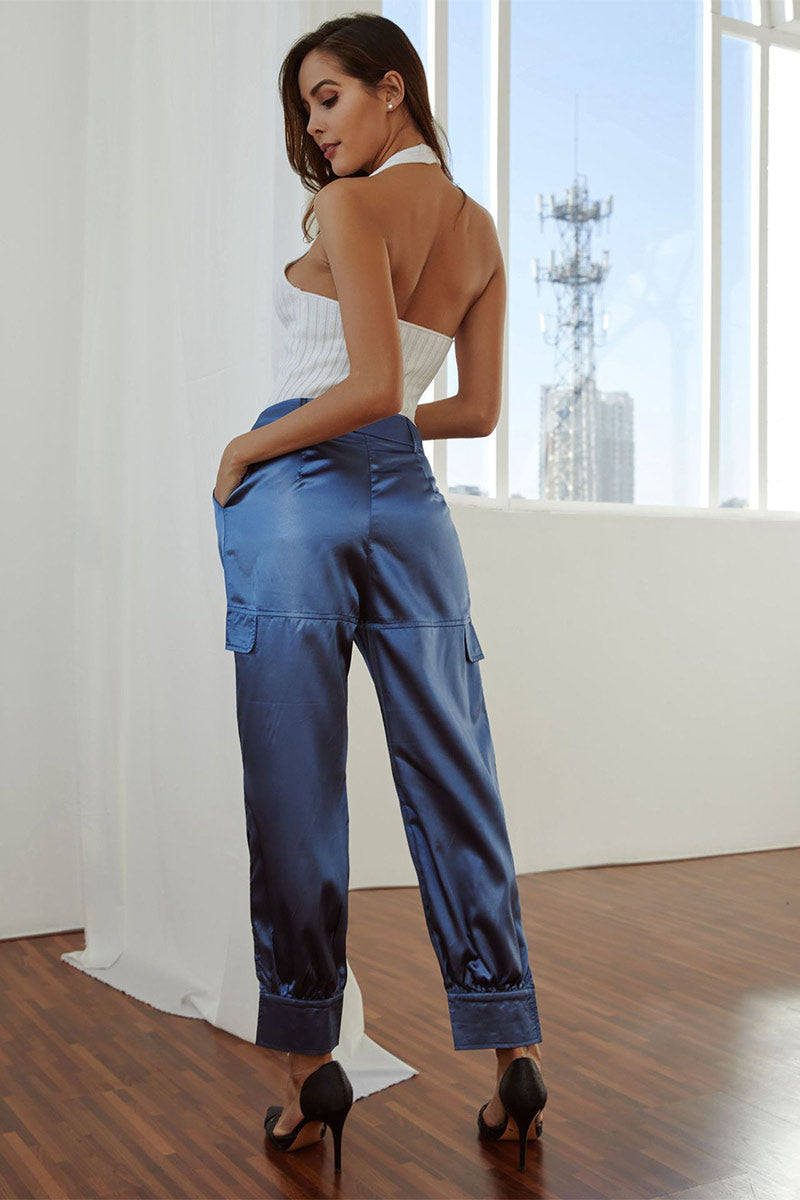 Blue Empire Waist Silk Like Satin Baggy Pants