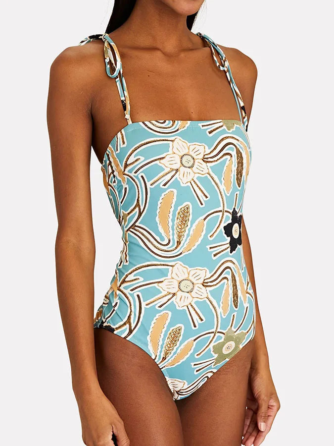 Fresh Blue Floral Back Strap Swimsuit One Piece
