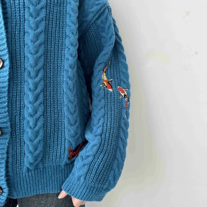 Blue Koi V-neck Embroidered Cardigan