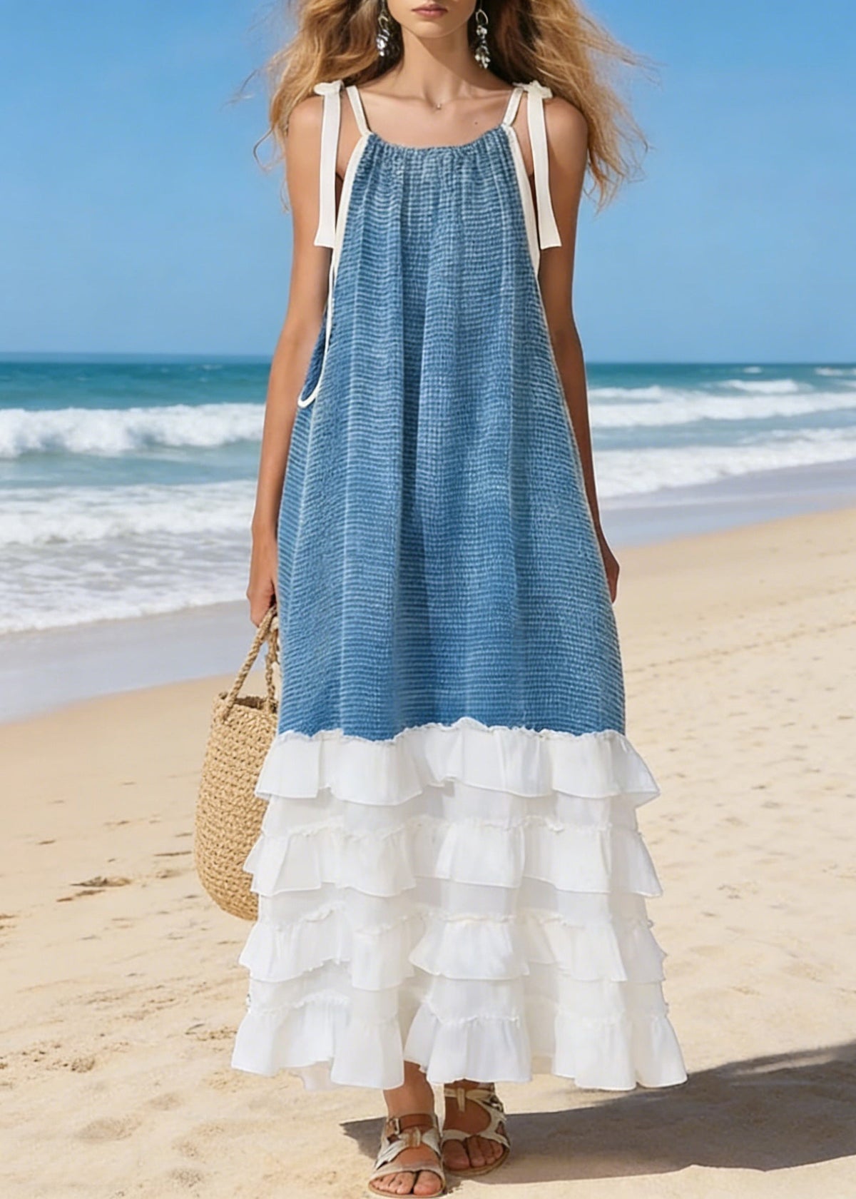 Blue Lace Up Ruffled Patchwork Cotton Spaghetti Strap Dress Sleeveless - View 3