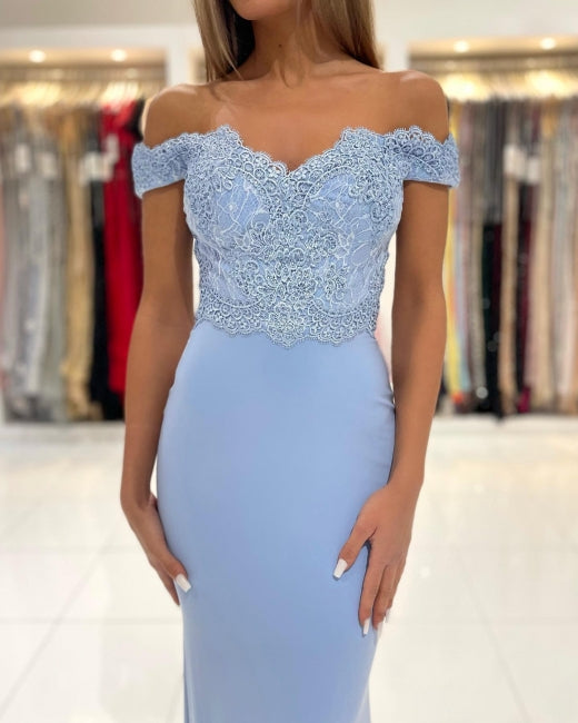 Blue Off-the-shoulder Long Mermaid Prom Evening Dresses With Lace
