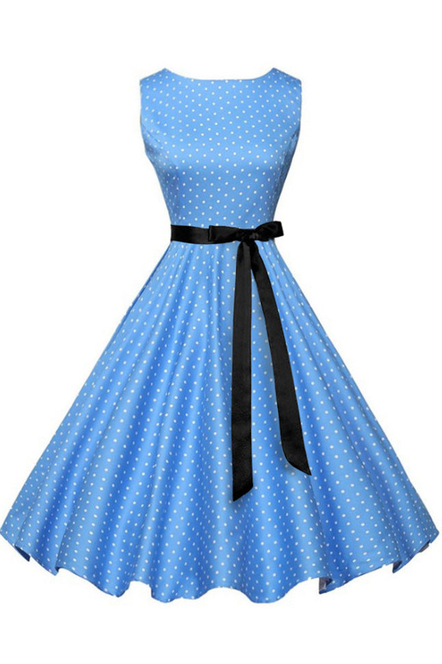 Blue Polka Knot Sleeveless Belted Dress - Mislish
