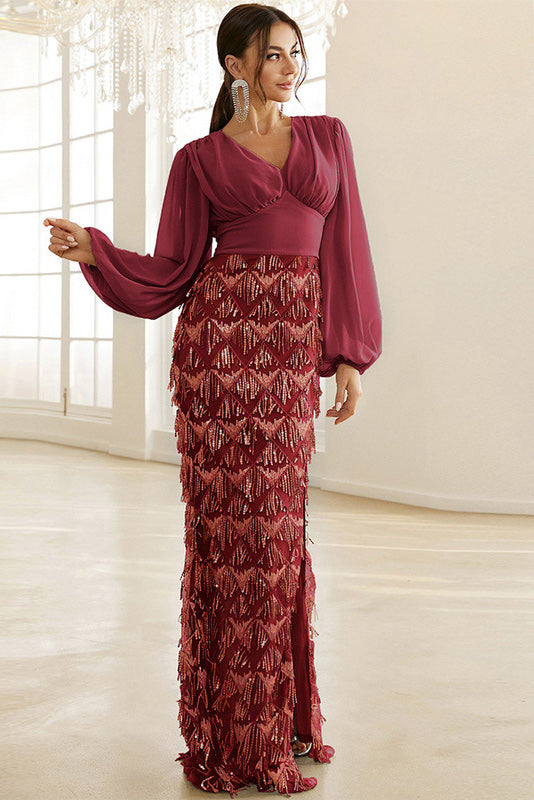 Blue Long Sleeve High Split Prom Dress With Tassel