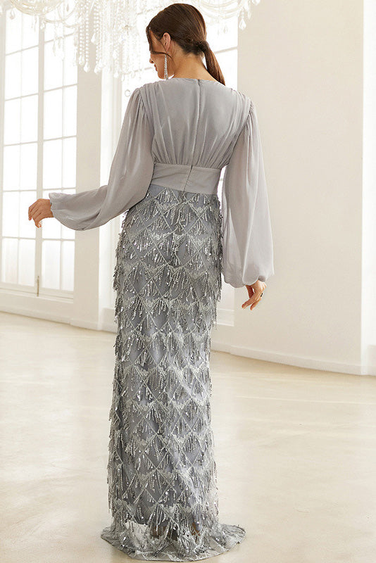 Blue Long Sleeve High Split Prom Dress With Tassel
