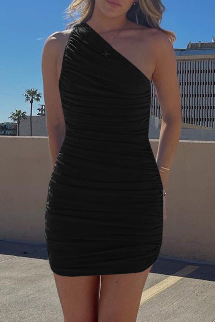 Velvet One-Shoulder Ruched Bodycon Mini Dress