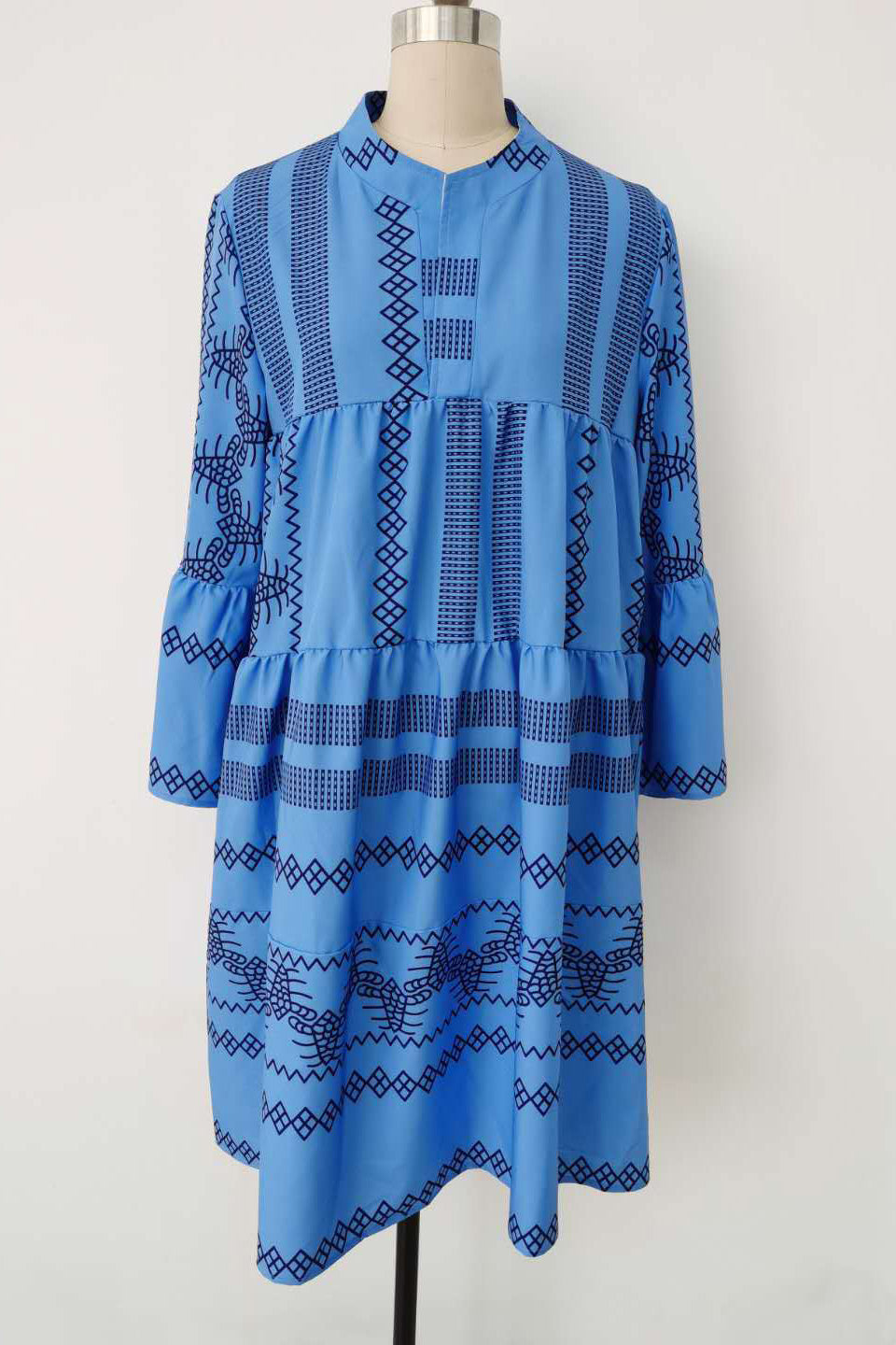 Blue Print Boho Long Sleeve Short Dress  Fashionpara