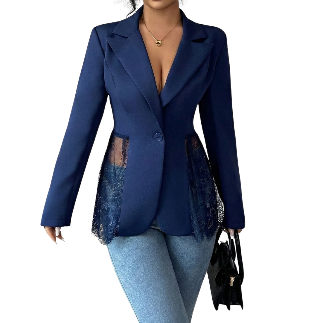 Notch Lapel Lace Trim Peplum Single Button Fitted Blazer 3