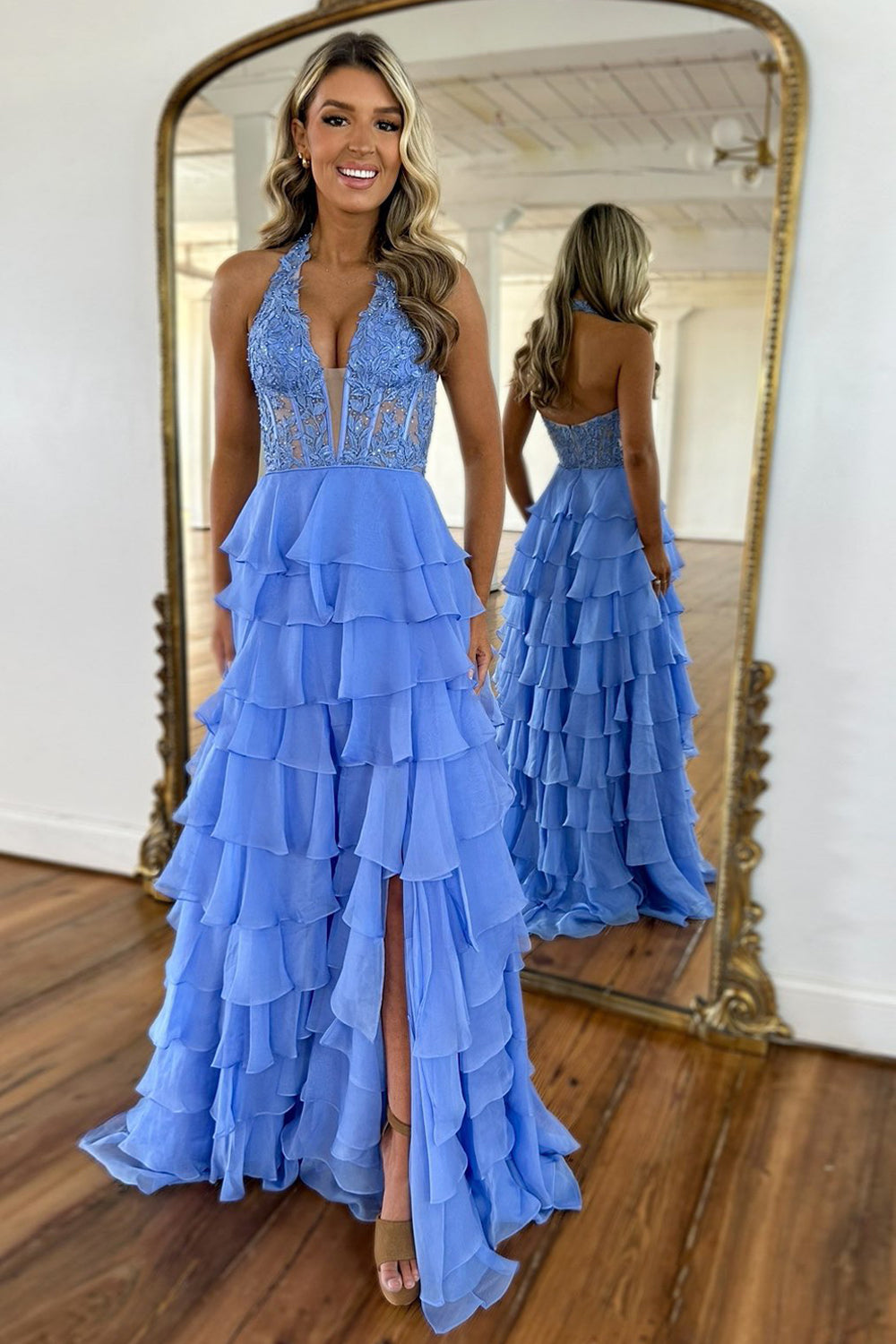 Blue A-Line Halter Neck Lace Top Long Tiered Chiffon Prom Dress With Slit - Fashionpara