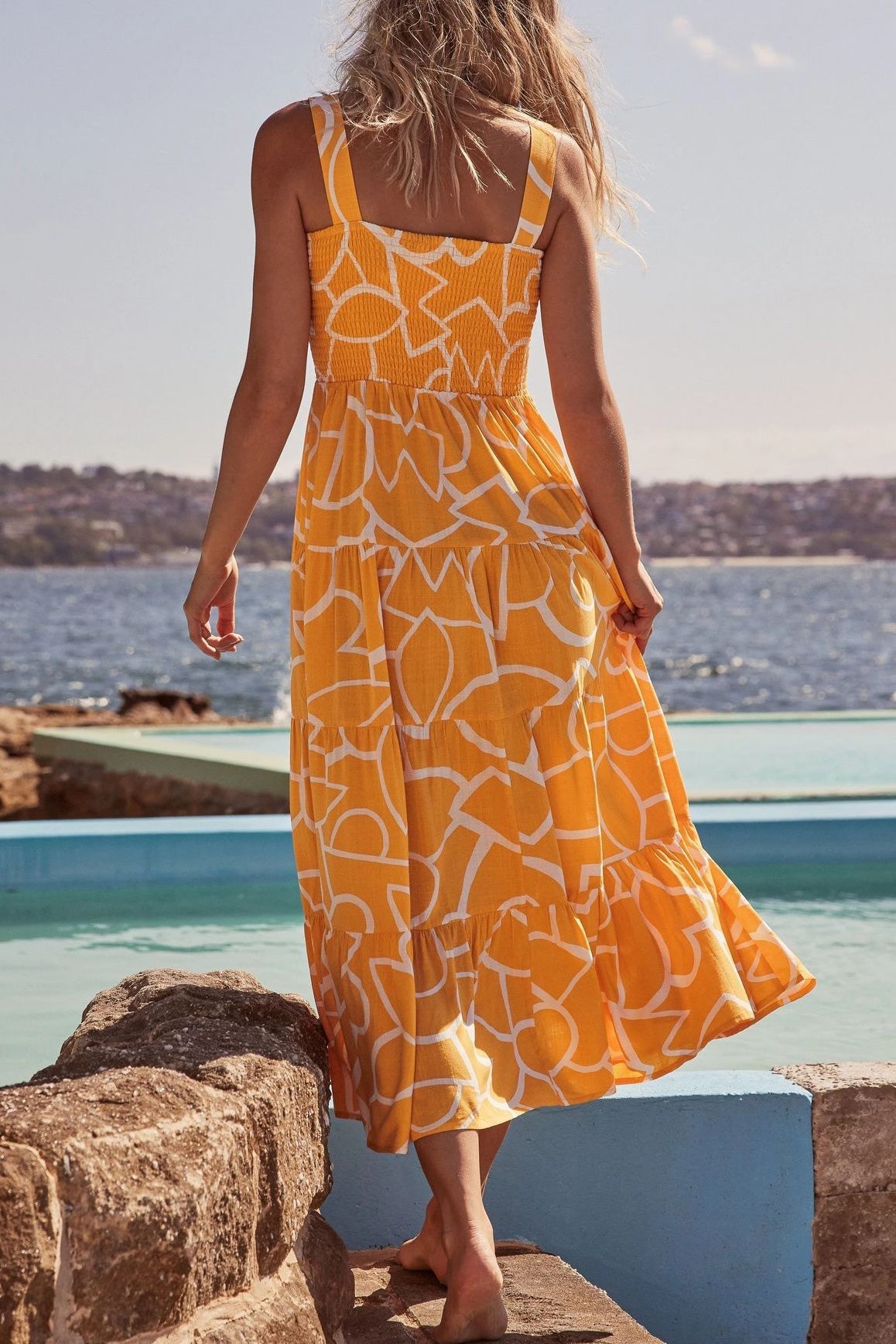 Blue Print Sleeveless A-Line Maxi Midi Dress