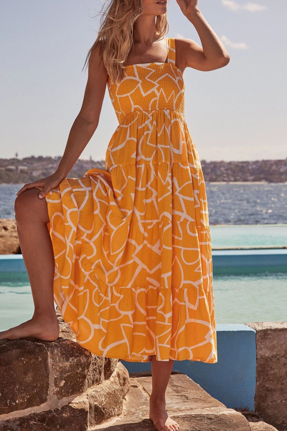 Blue Print Sleeveless A-Line Maxi Midi Dress