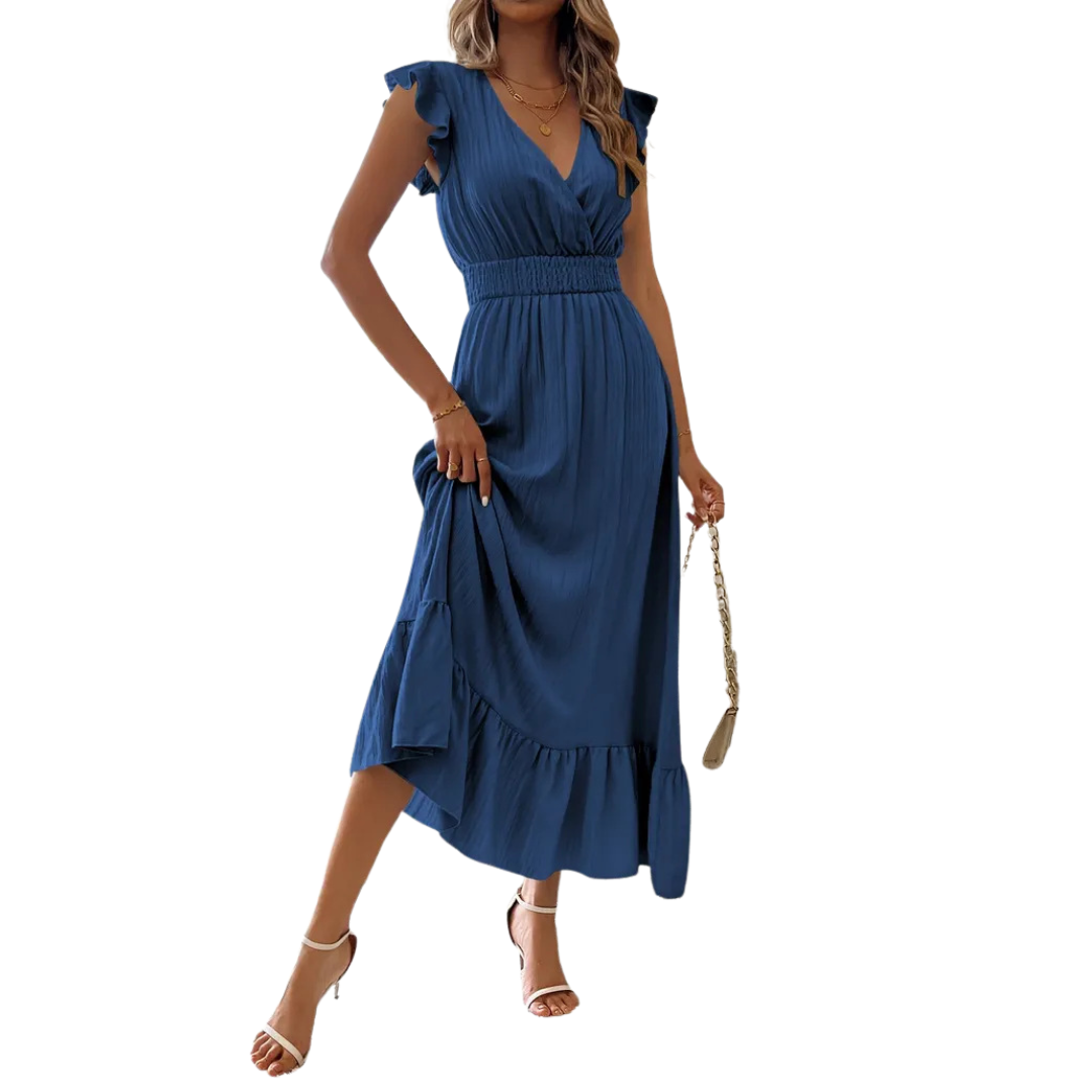 V-Neck Ruffle Cap Sleeve Smocked Waist Ruffle Hem Midi Dress