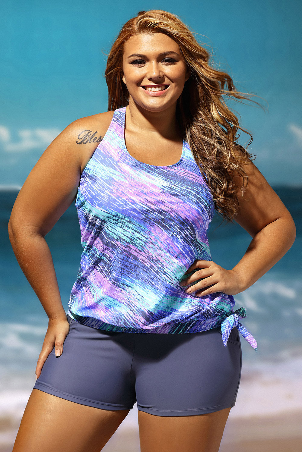 Bluish Print Blouson Tankini Swimsuit with Grey Board Shorts
