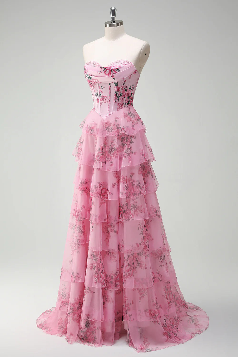 Blue White Flower A-Line Sweetheart Tiered Long Prom Dress with Slit
