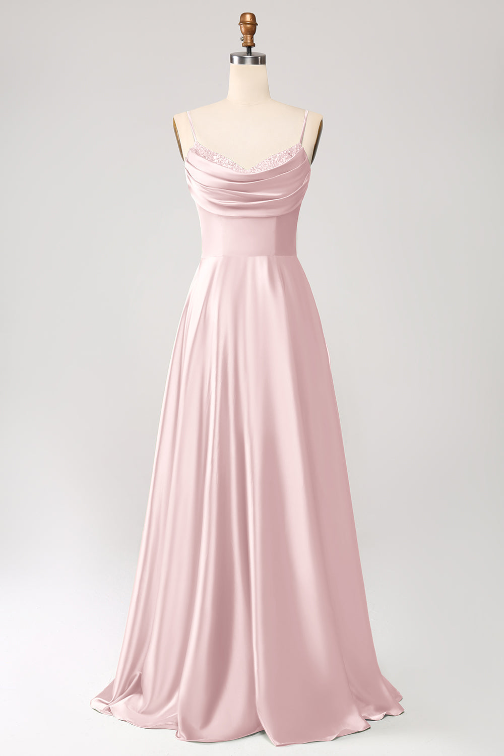 Dusty Sage A Line Cowl Neck Satin Long Prom Dress with Pleated