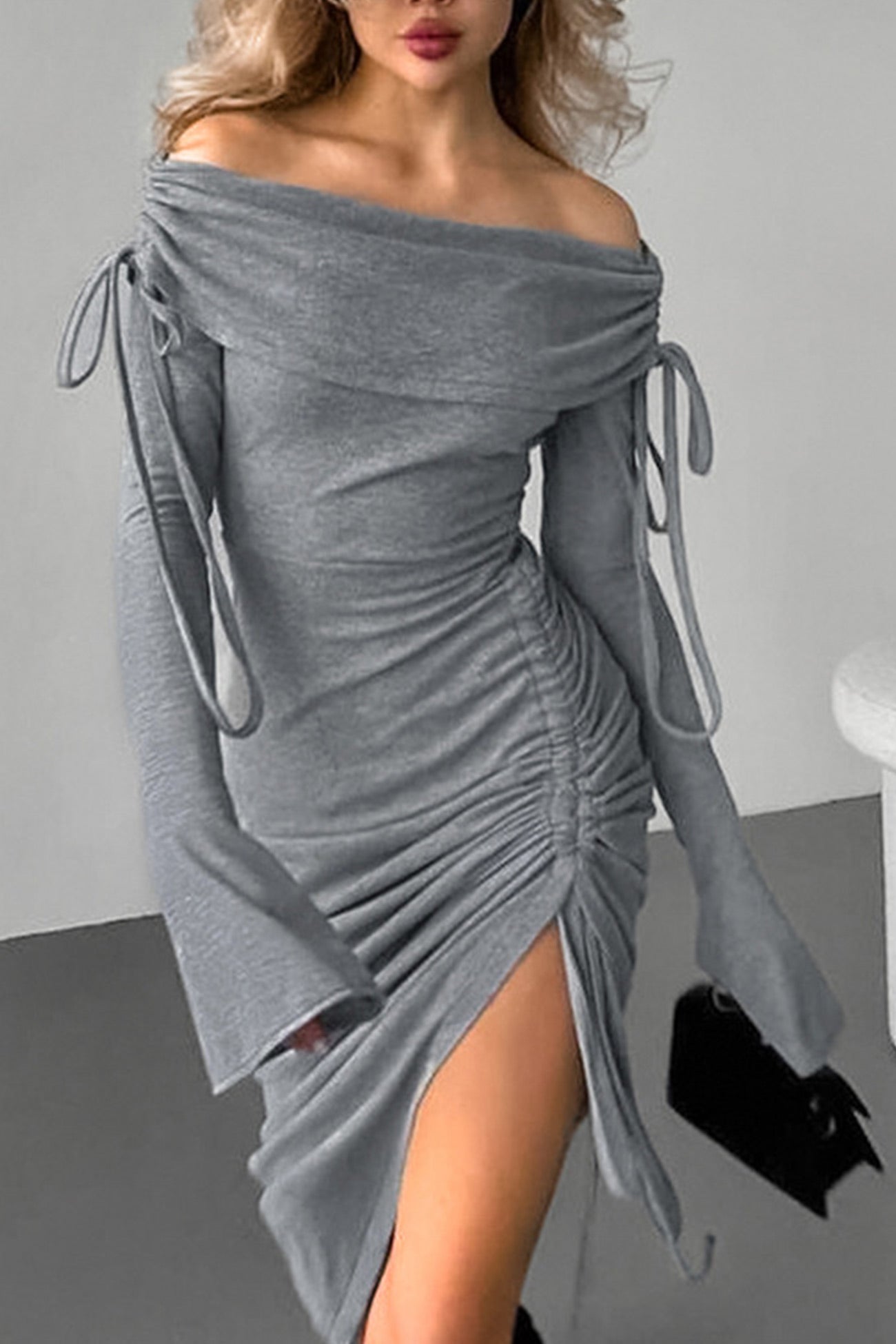 Boat Neck Drawstring Slit Dress