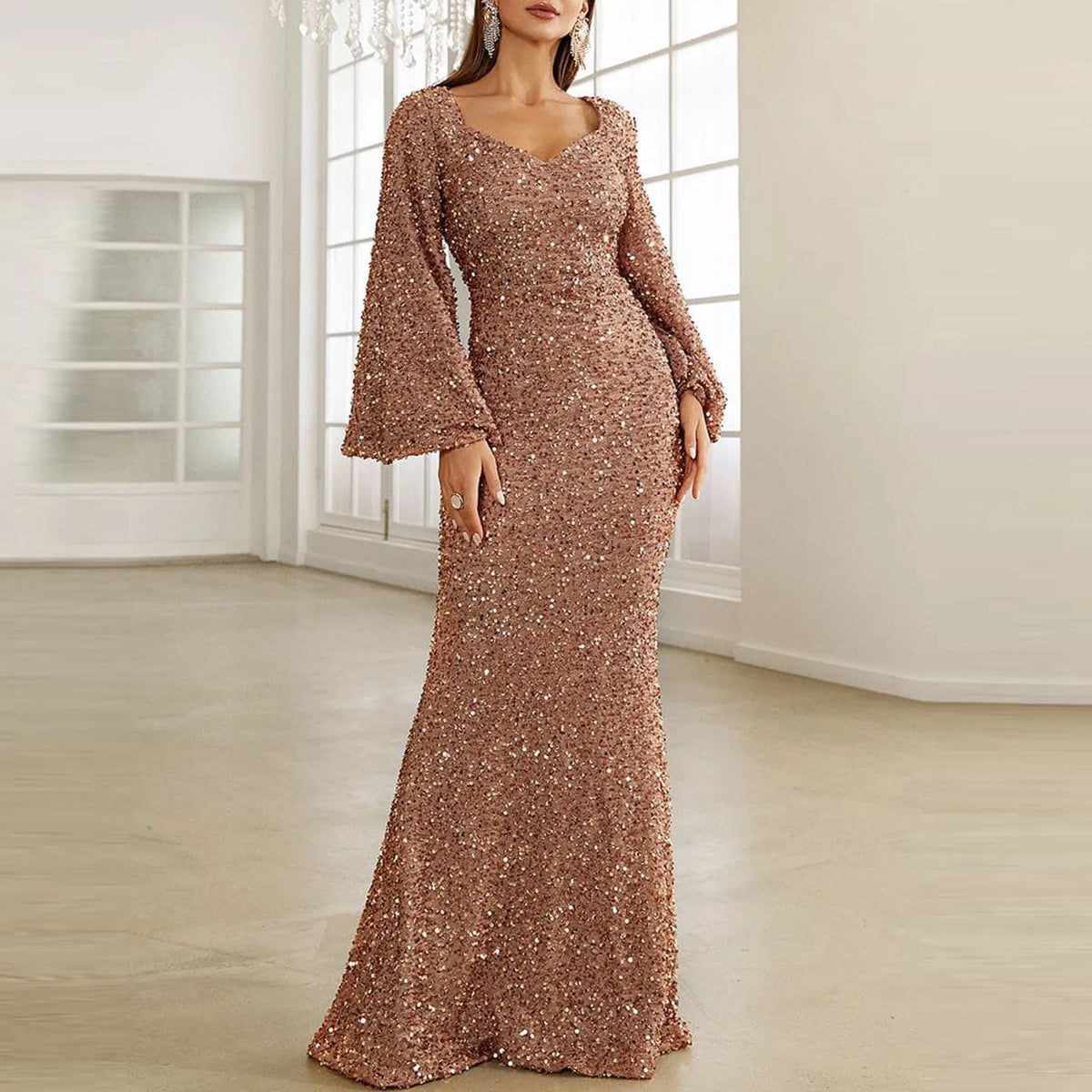 Sequin Flare Sleeve Mermaid Evening Gown