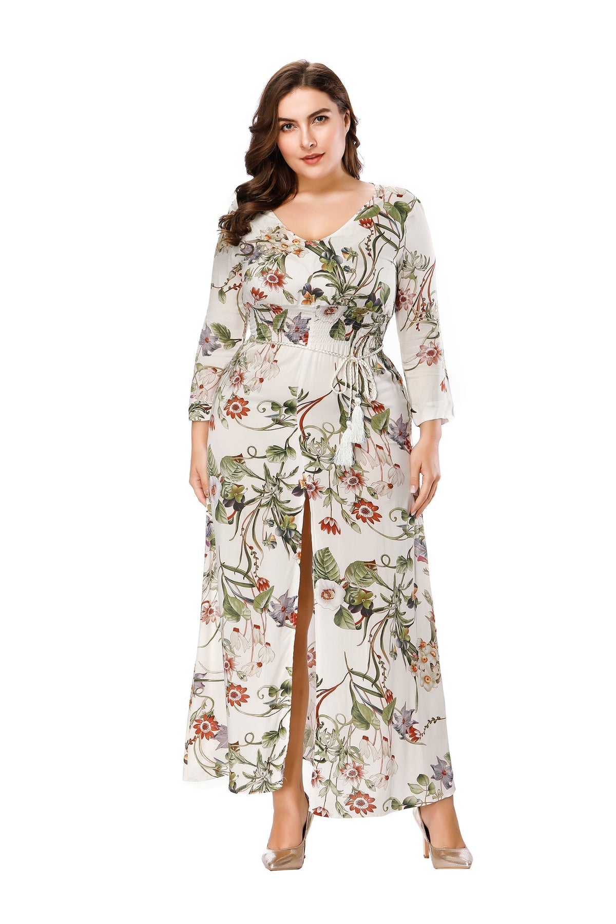 Floral Print V-Neck Long Sleeve Slit Maxi Dress
