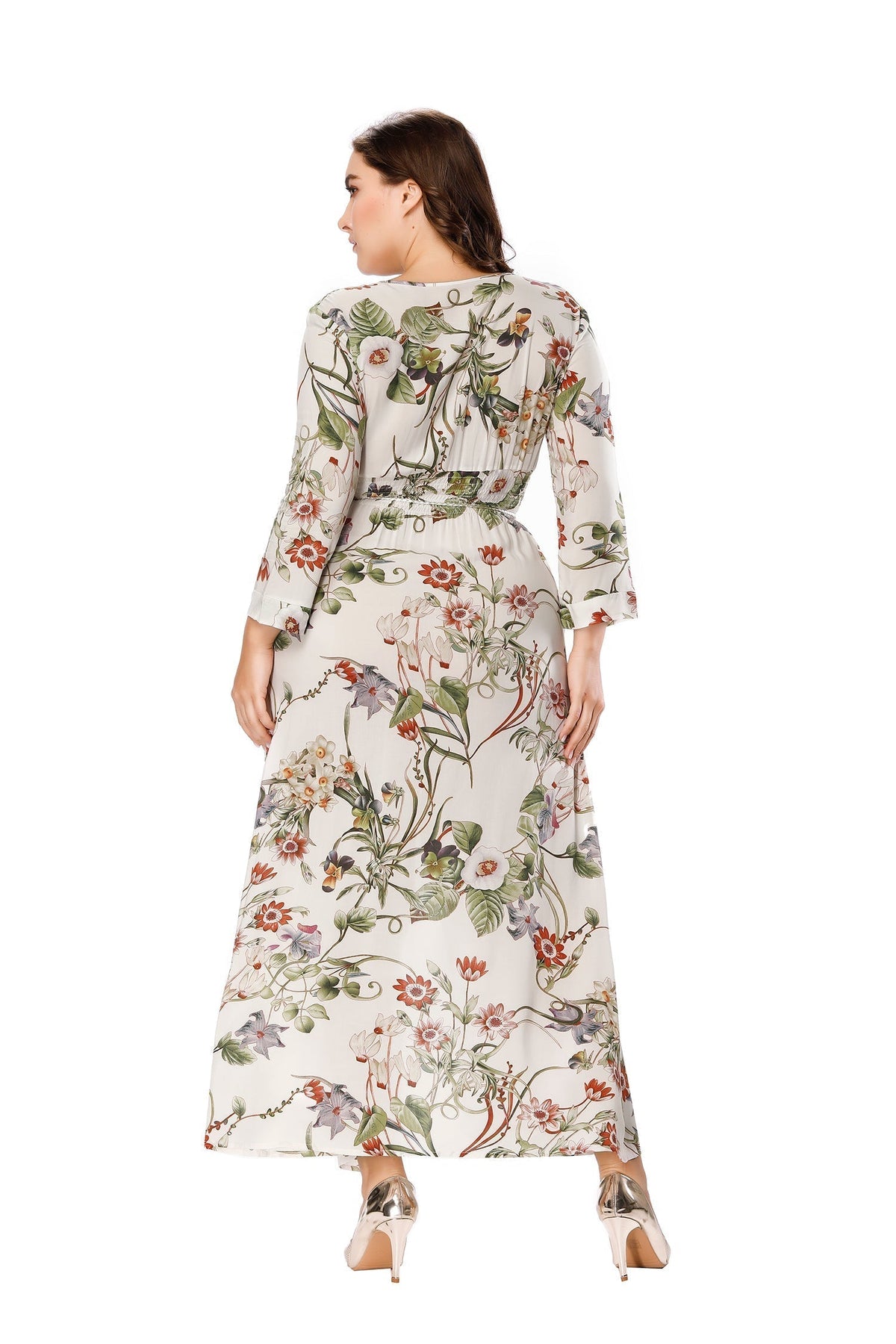 Floral Print V-Neck Smocked Waist Front Slit Maxi Dress