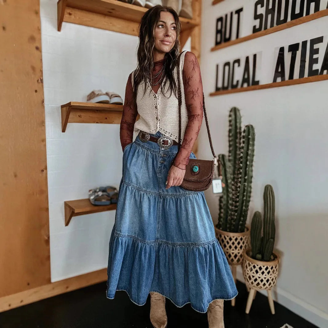Bohemian Tiered Denim Maxi Skirt