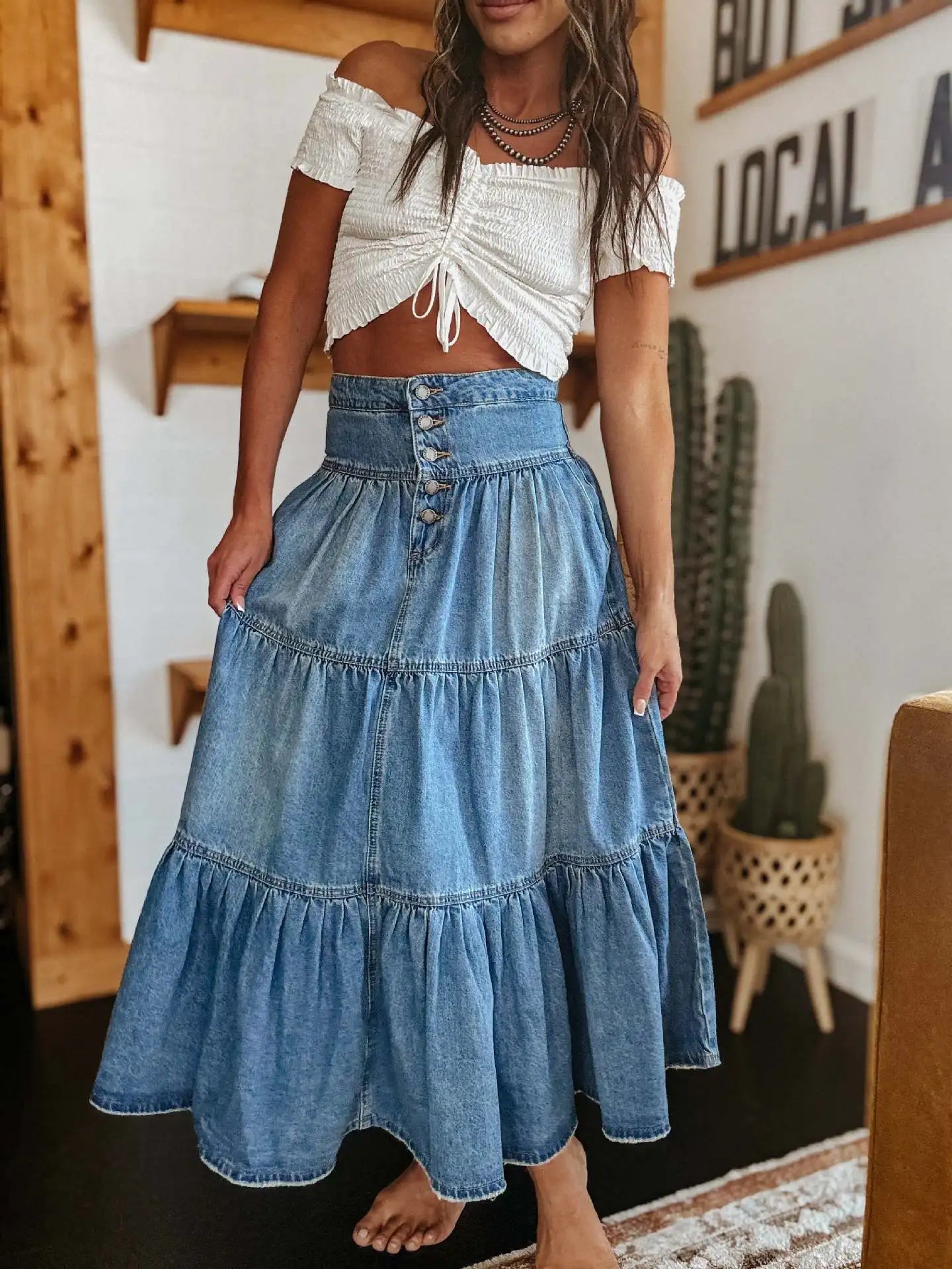 Bohemian Tiered Denim Maxi Skirt